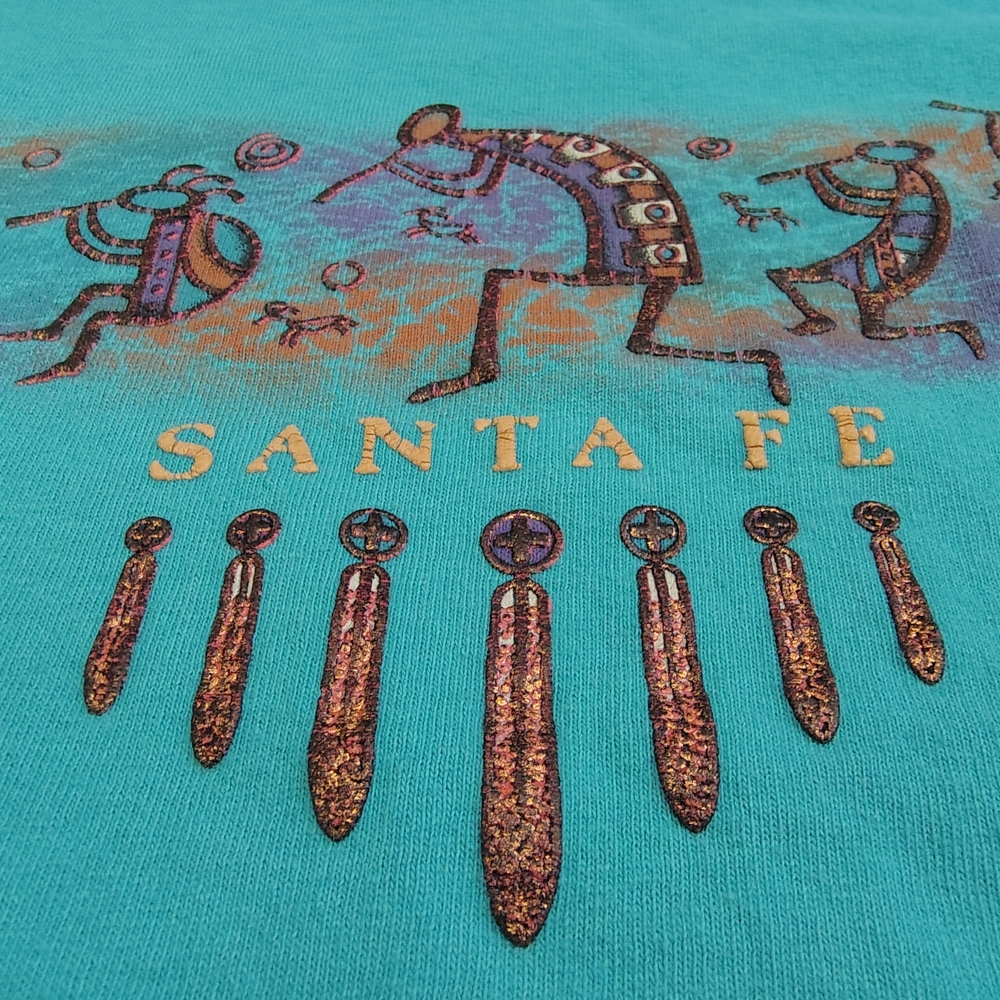 VTG 90s Sportex Santa Fe Kokopelli Turquoise Puff Paint Tee - XL